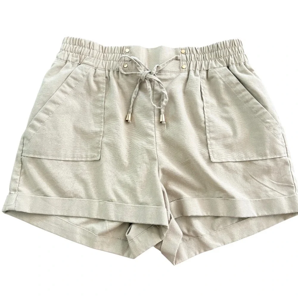 Ci Sono Linen Blend Shorts Womens Large Tan Beige Elastic Waist Cuffed